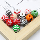 15mm Christmas Wood Beads Dyed Pattern Loose Spacer Round Wooden Beads