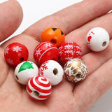 15mm Christmas Wood Beads Dyed Pattern Loose Spacer Round Wooden Beads