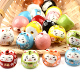 15mm FU Cat Ceramic Beads 3mm Hole Hand Painted Loose Porcelain DIY Bead