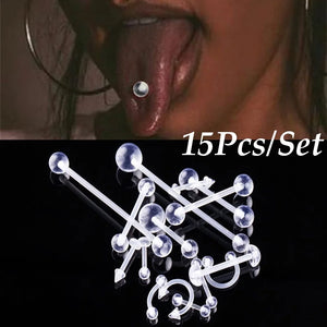 15pc Tongue Eyebrow Belly Nose Ring Set Bio-plastic Lip Piercing Body Jewelry