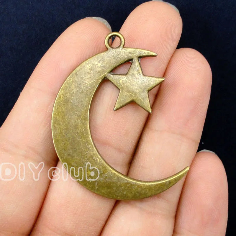 15pcs Antique Bronze Moon Star Charms 44x33mm Double Sided Celestial Pendants