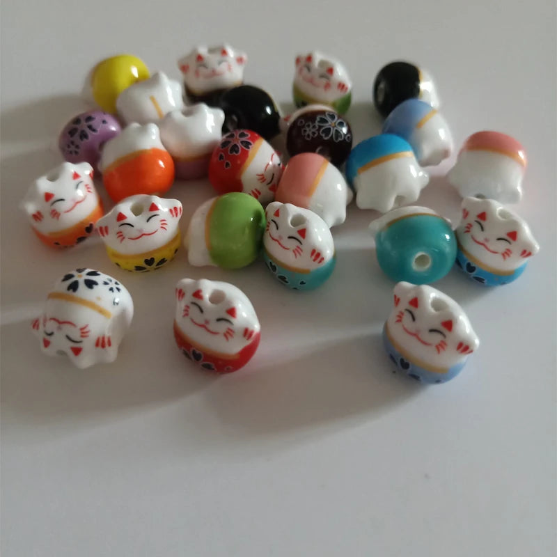 15pcs Hand Painted Ceramic Beads 13x14mm Lucky Cat Beads for Jewelry Making