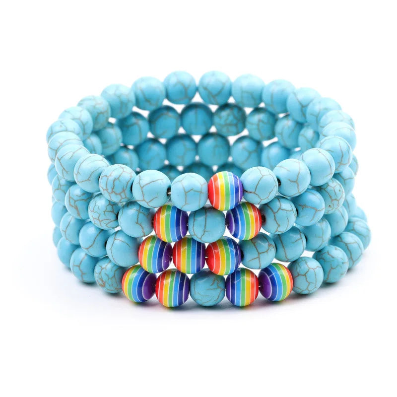 15pcs 8mm Rainbow Beads Kallaite Stone Bracelet Women Men Gay Jewelry