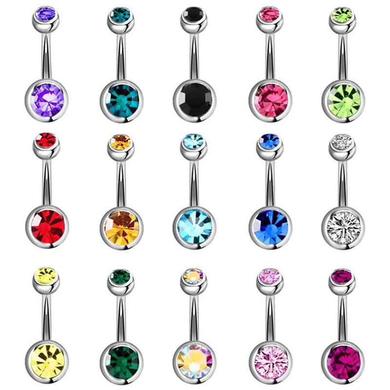 15pcs Mixed Double Gem Surgical Steel Belly Button Rings Navel Piercings