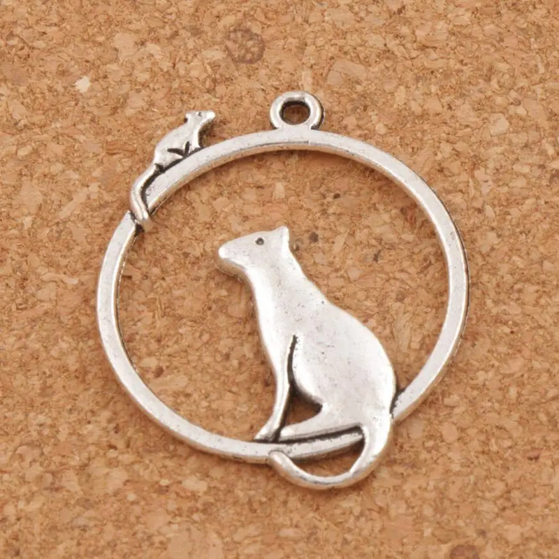 15pcs Mouse Cat ON One Ring Charm Beads Zinc Alloy Pendants 26x31mm DIY