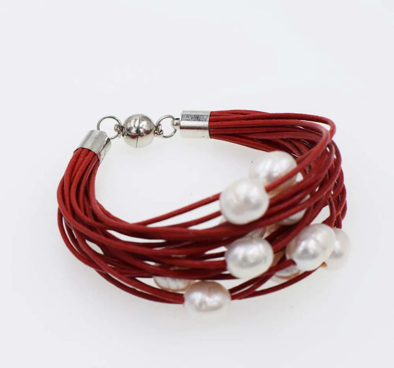 Freshwater Pearl Egg Coffee Red Leather Bracelet 8inch