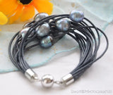 Peacock Rice Freshwater Pearl Leather Bracelet 8 Inch