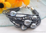 Peacock Rice Freshwater Pearl Leather Bracelet 8 Inch