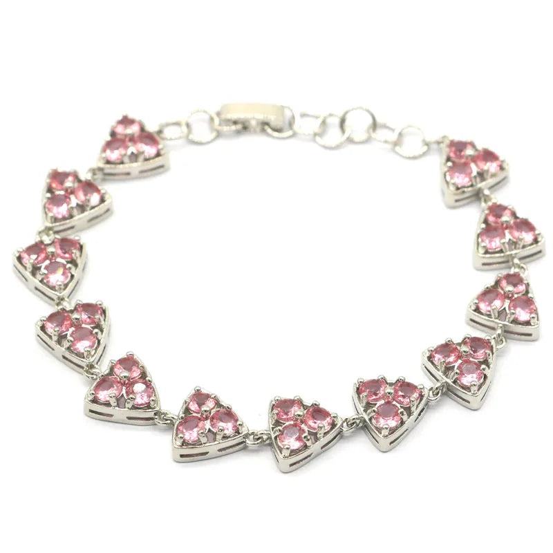Trangle Shape Pink Morganite Silver Bracelet 6.5-8.5inch