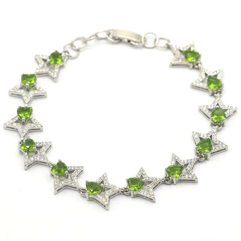 Pink Rhodolite Garnet Peridot CZ Silver Bracelet 7-8in
