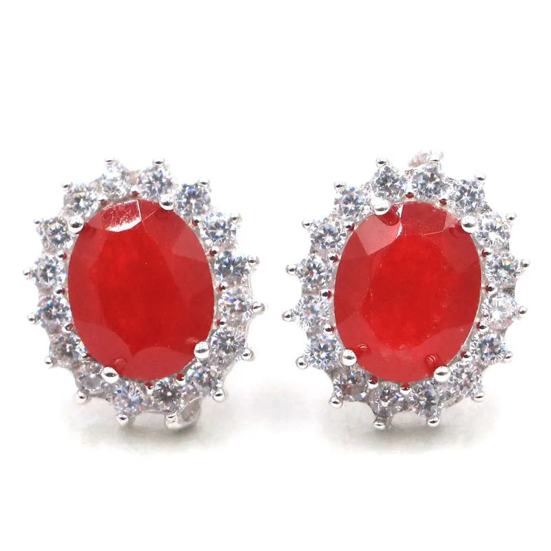 Romantic Red Ruby Pink Morganite CZ 925 Silver Earrings