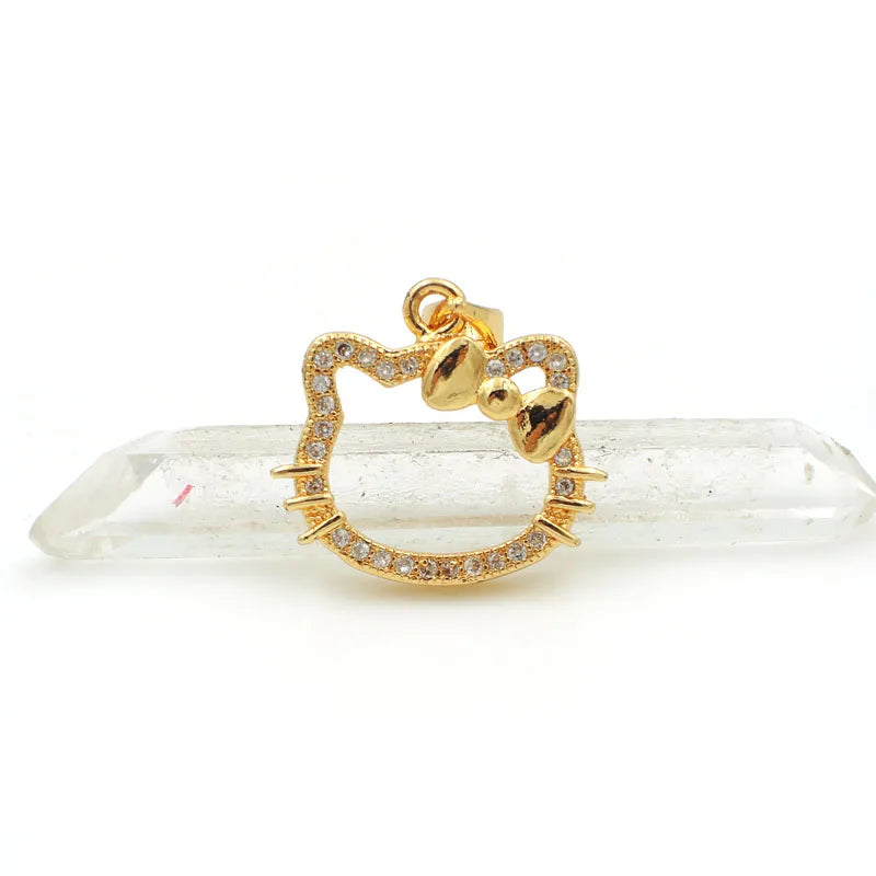 Micro Pave Clear CZ Hollow Cats Fans Head Charm for Necklaces