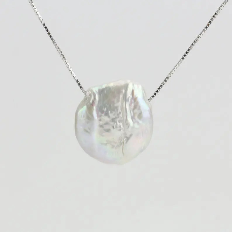 Large Keshi Pearl Necklace 18in Choker Coin Freshwater 925 Sterling Silver