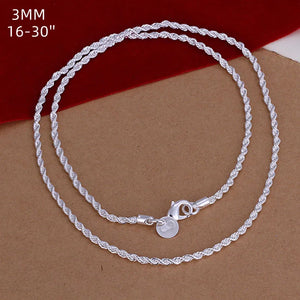 16-30in 925 Silver Charm Rope Chain Necklace for Women Men Pendant Jewelry