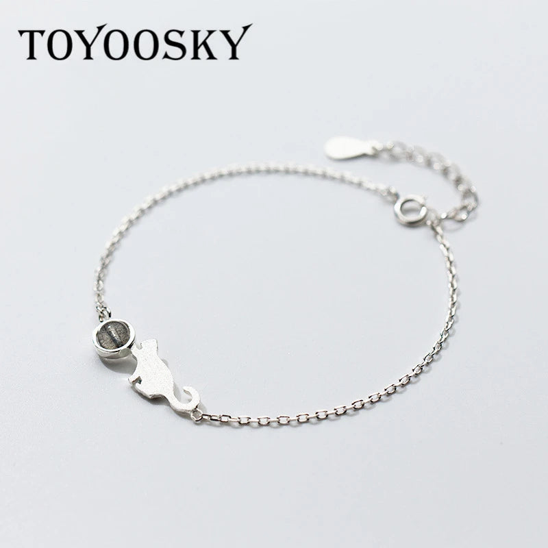 16+3cm Cat Moon Light Stone Bracelet 925 Sterling Silver Animal Jewelry