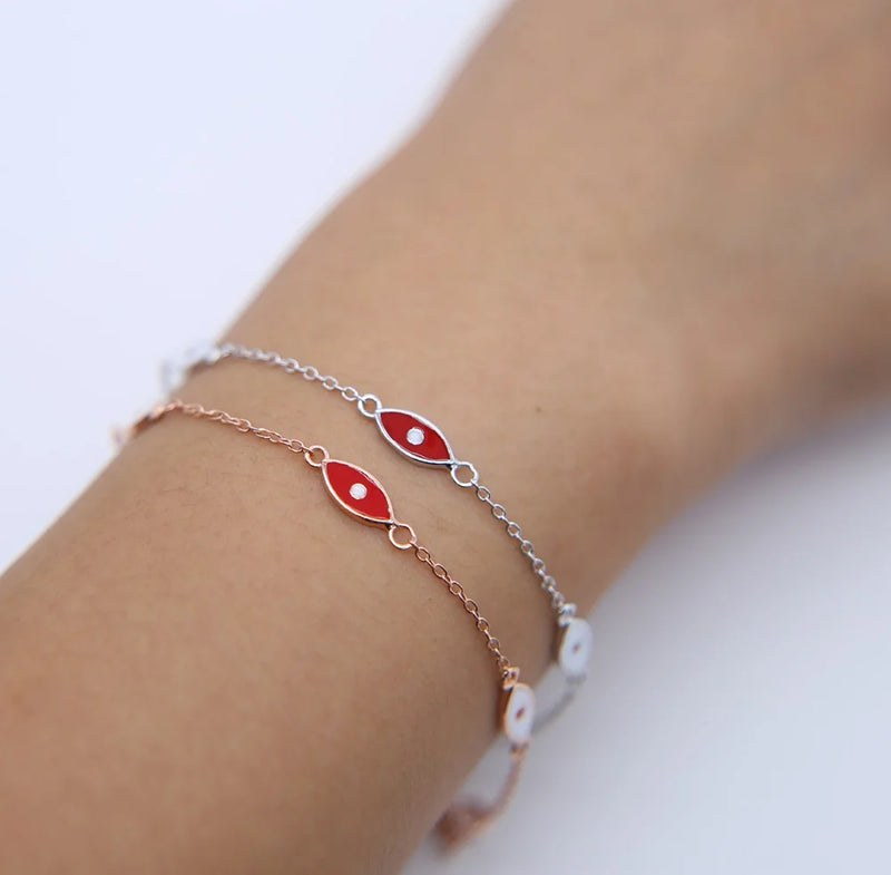 925 Sterling Silver Red Enamel Evil Eye Charm Bracelet