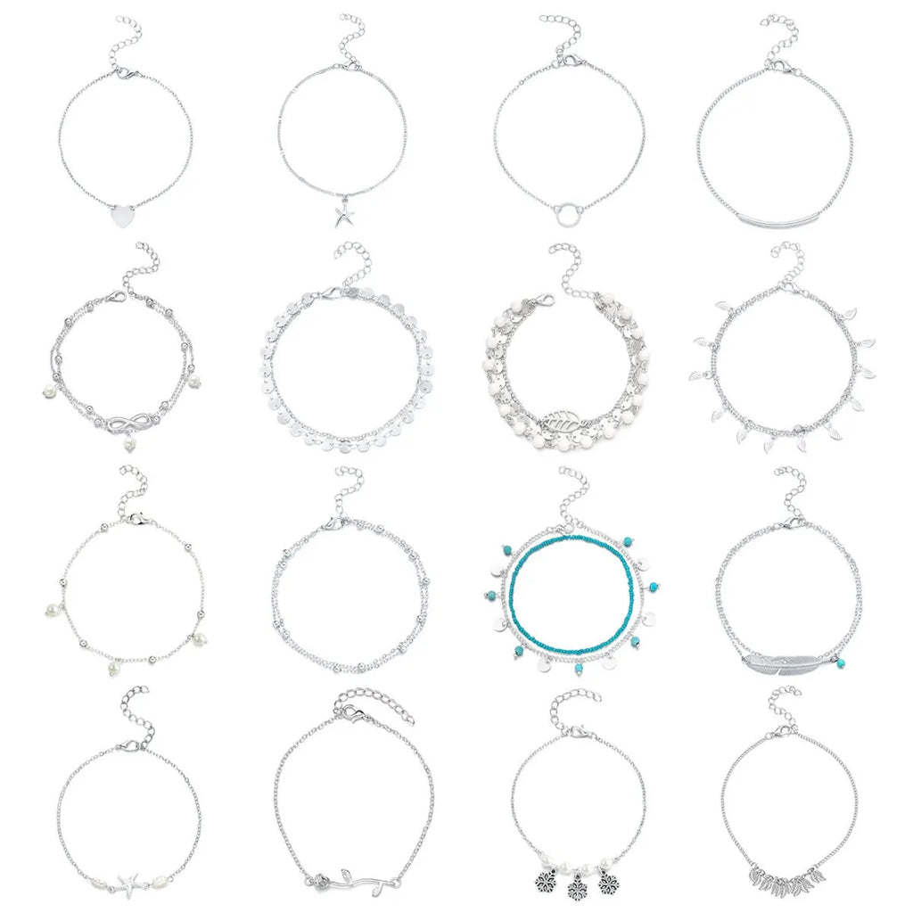 16 Pcs/Set Silver Anklets for Women Beach Foot Jewelry