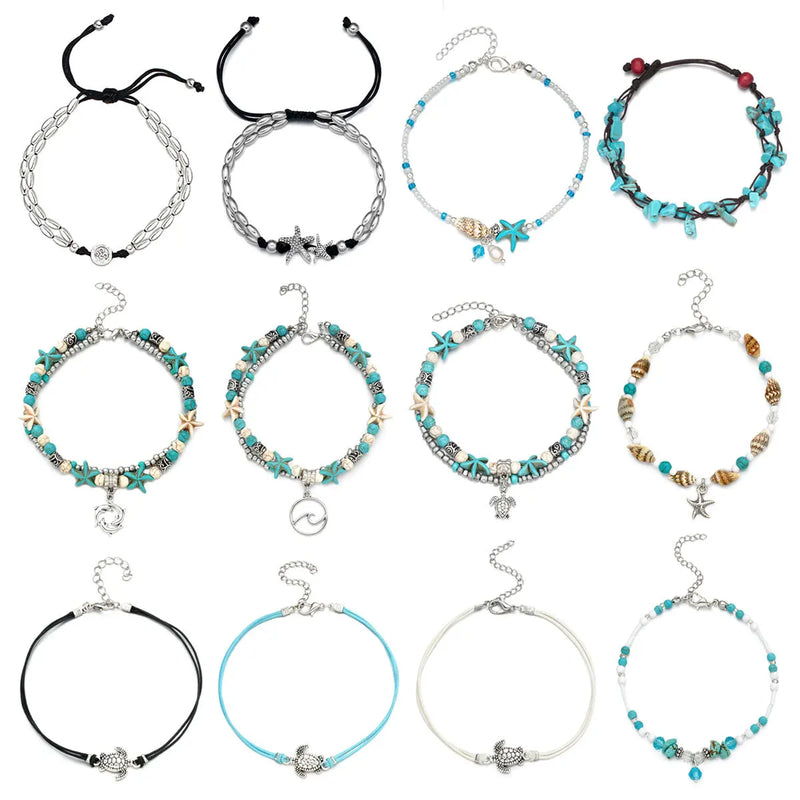 16 Pcs/Set Silver Anklets for Women Beach Foot Jewelry