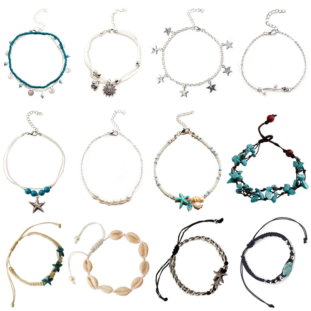 16 Pcs/Set Silver Anklets for Women Beach Foot Jewelry