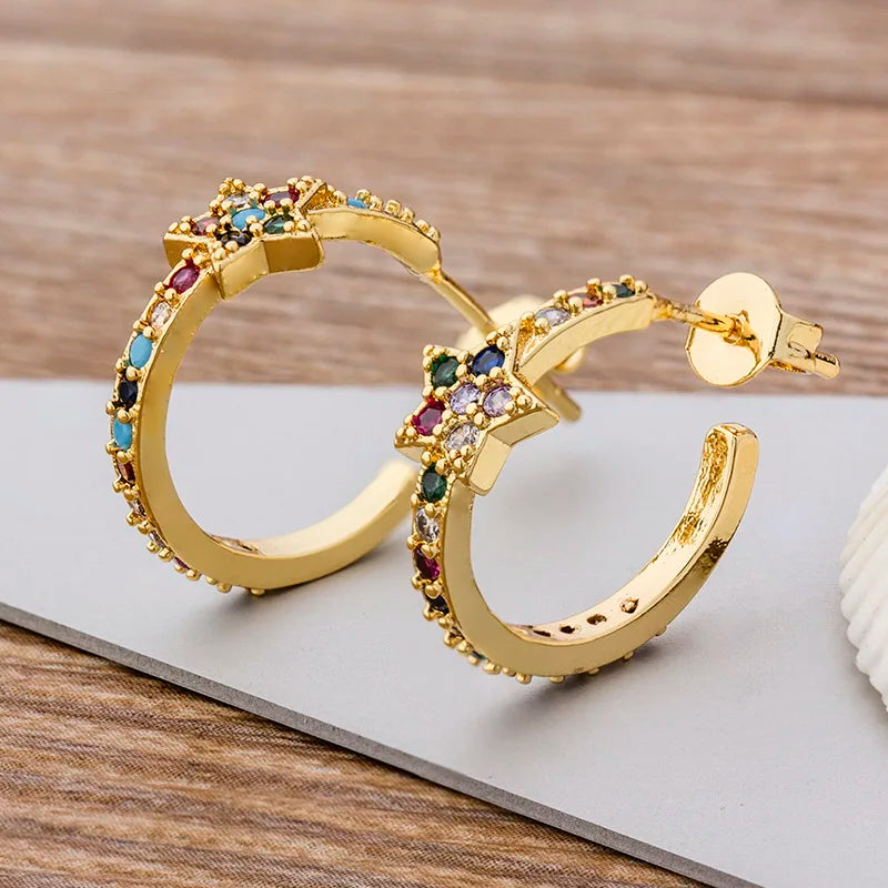 Colorful Micro Pave CZ Rainbow Stud Earrings For Women Girls Party
