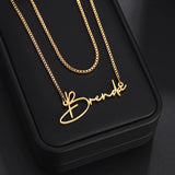 Double Layer Name Necklace Stainless Steel Box Chain Cursive Letter Women Gift
