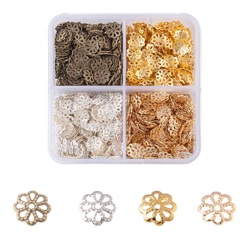 1600pcs 4 Colors 8-Petal Hollow Bead Caps Spacer Bulk
