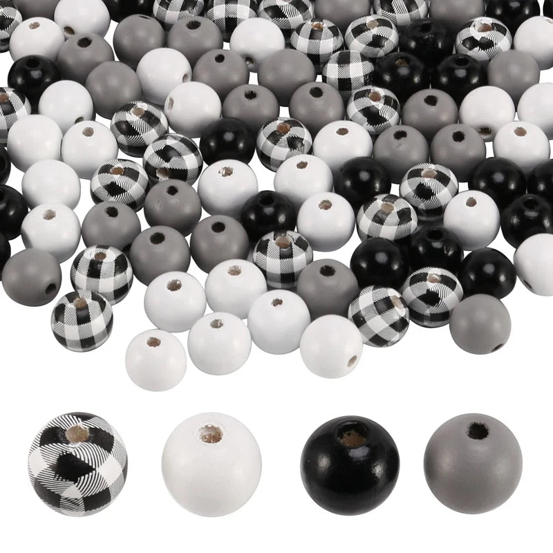 160Pcs Black Plaid Wood Beads Summer Christmas Natural Farmhouse Beads