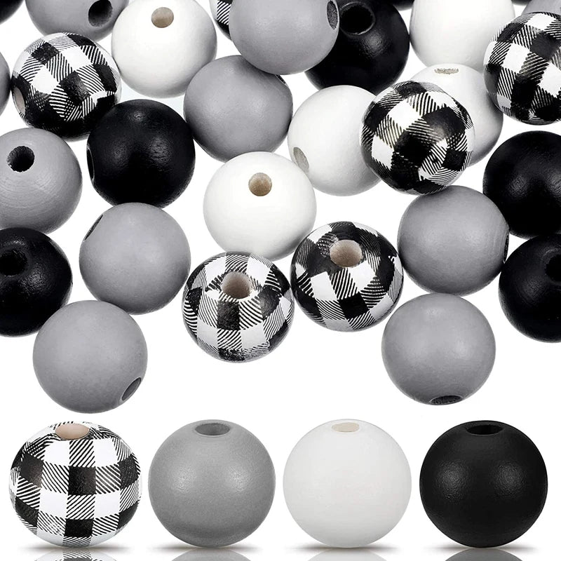 160Pcs Black Plaid Wood Beads Farmhouse Summer Christmas Round Craft Beads