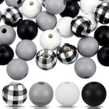 160Pcs Black Plaid Wood Beads Farmhouse Summer Christmas Round Craft Beads
