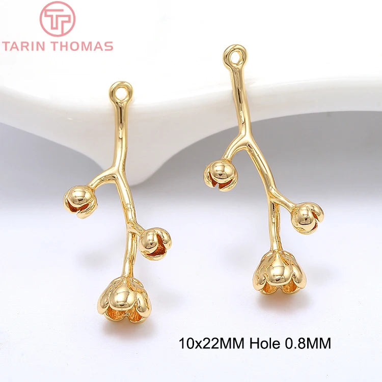 4PCS 18x41MM 24K Plated Brass Tree Branch Charms Pendants