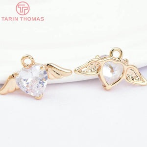 6PCS 19x11MM Brass Zircon Heart Wings Charms 24K