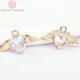 6PCS 19x11MM Brass Zircon Heart Wings Charms 24K
