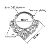 16G Titanium Septum Clicker Nose Ring Square CZ Zircon Crystal Hollow