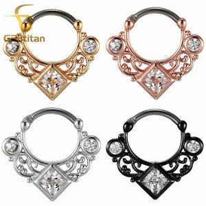 16G Titanium Septum Clicker Nose Ring Square CZ Zircon Crystal Hollow