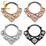 16G Titanium Septum Clicker Nose Ring Square CZ Zircon Crystal Hollow