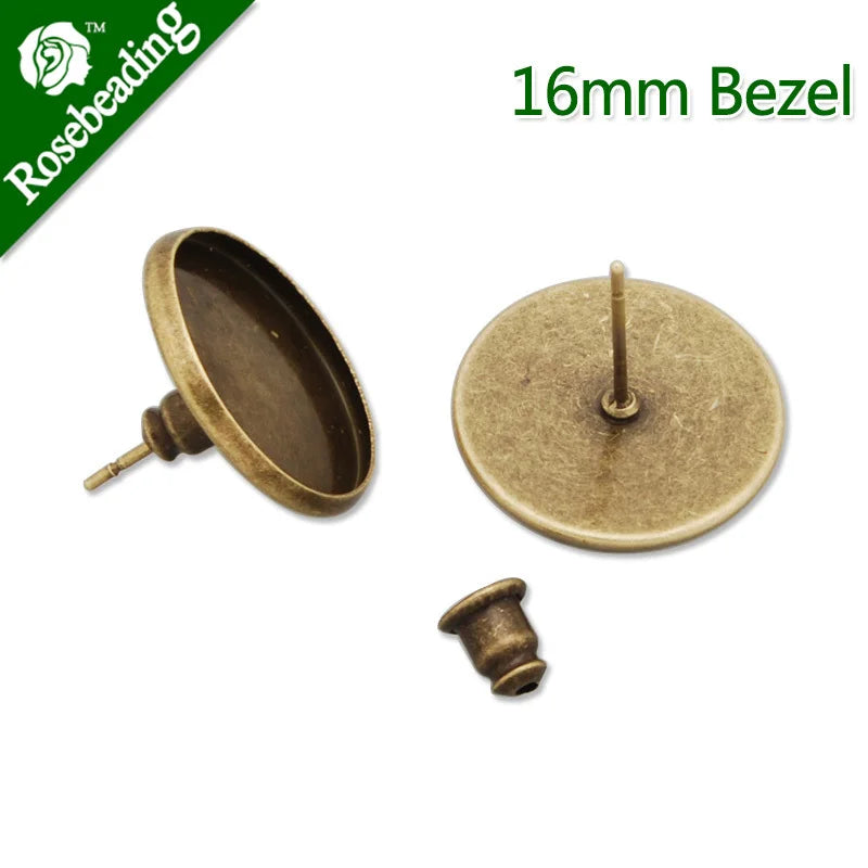 16MM Round Bezel Stud Earring, Antique Bronze, 50pcs/Lot
