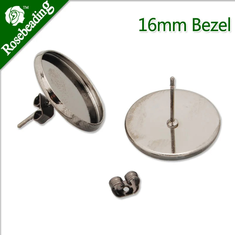 Gun Metal Plated 16MM Stud Earring Bezels - 50pcs/lot
