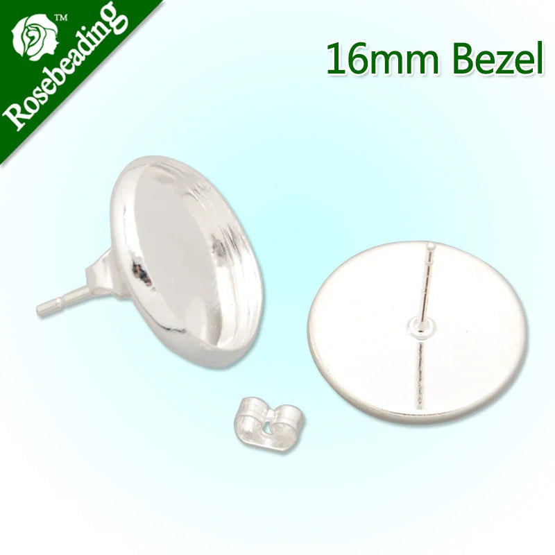 16MM Stud Earring Silver Plated Earring Bezels Blank 50pcs/Lot