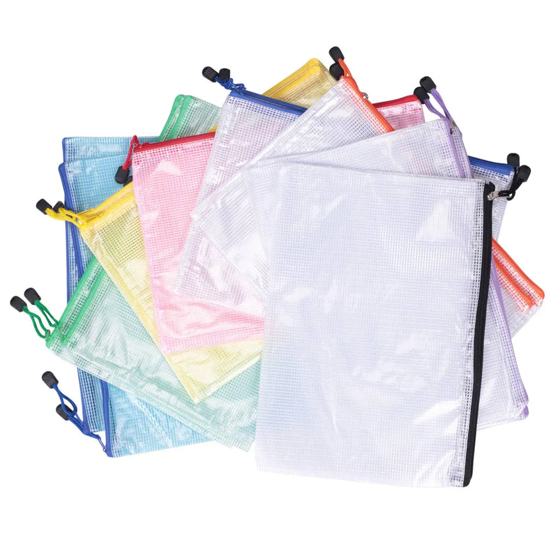 16Pcs Mesh Zipper Pouch Document Bag Waterproof Zip File Folders A4 Size