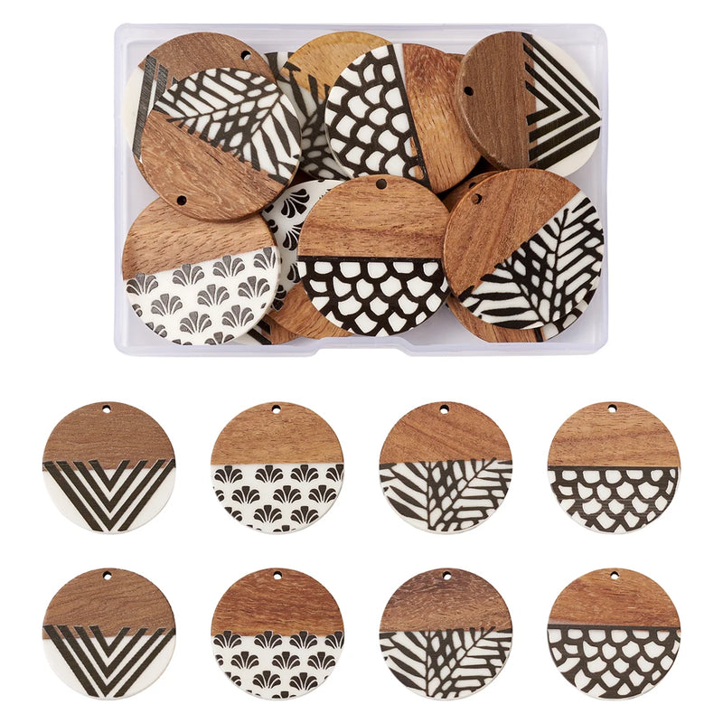 16Pcs Wood Resin Flat Round Charms for DIY Jewelry Making