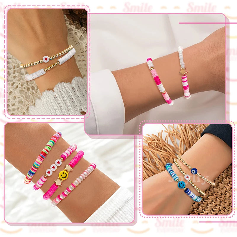 16Pcs Heishi Bracelets Smile Golden Star Beads Chain Boho Jewelry Set