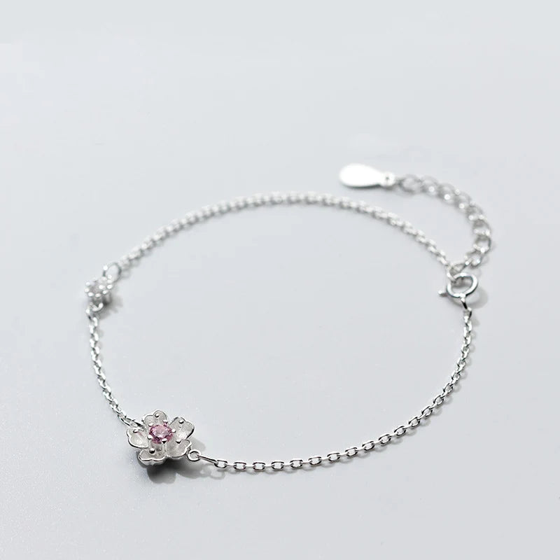 16cm+3cm Silver Peach Blossom Charm Chain Bracelet Women Fine Jewelry