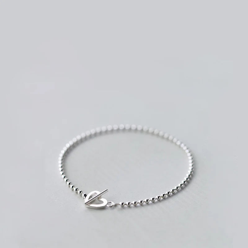 Heart Ball Chain Bracelet 925 Silver Minimalist