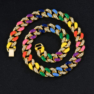 16mm Rainbow Necklace Cuban Chain Hip-hop Accessory