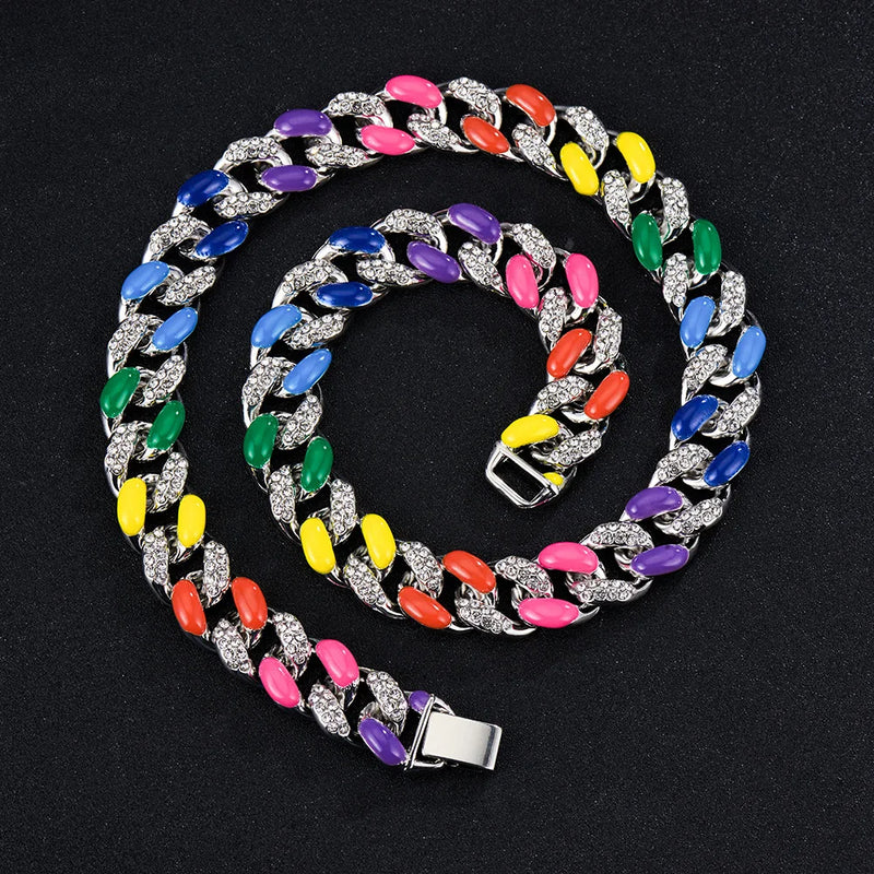 16mm Rainbow Necklace Cuban Chain Hip-hop Accessory