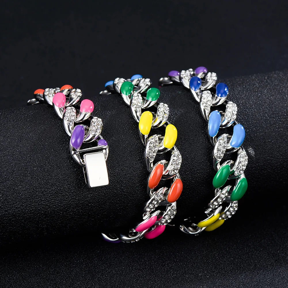 16mm Rainbow Necklace Cuban Chain Hip-hop Accessory