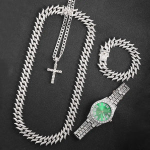 16mm Hip Hop Cuban Link Chain Set Necklace +Watch+Bracelet Miami Chain Sets