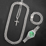 16mm Hip Hop Cuban Link Chain Set Necklace +Watch+Bracelet Miami Chain Sets