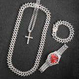 16mm Hip Hop Cuban Link Chain Set Necklace +Watch+Bracelet Miami Chain Sets