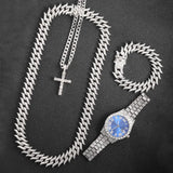 16mm Hip Hop Cuban Link Chain Set Necklace +Watch+Bracelet Miami Chain Sets